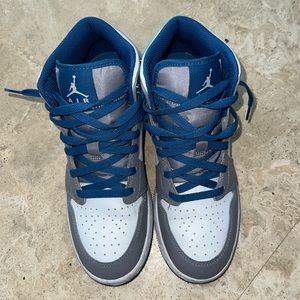 Air Jordan1 mid sneakers blue white and grey. Like new. Size 6 youth